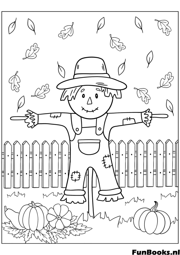 Amigable espantapájaros de pie junto a una valla de madera con calabazas jardín dibujo para colorear