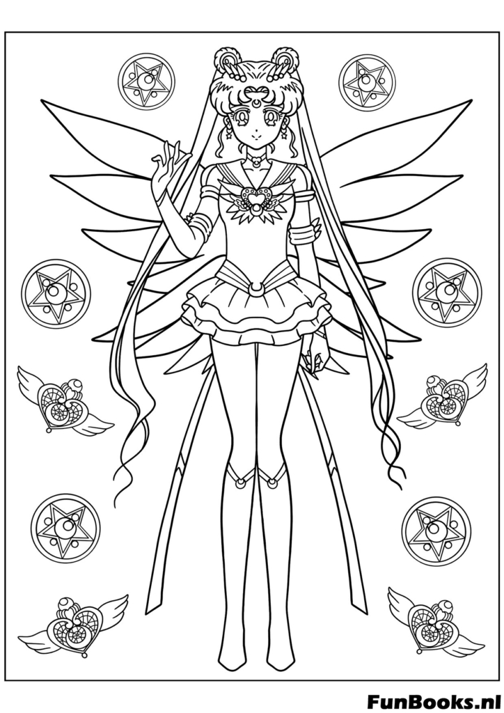 Eternal Sailor Moon mit großen Engelsflügeln weit ausgebreitet majestätische Pose Ausmalbild