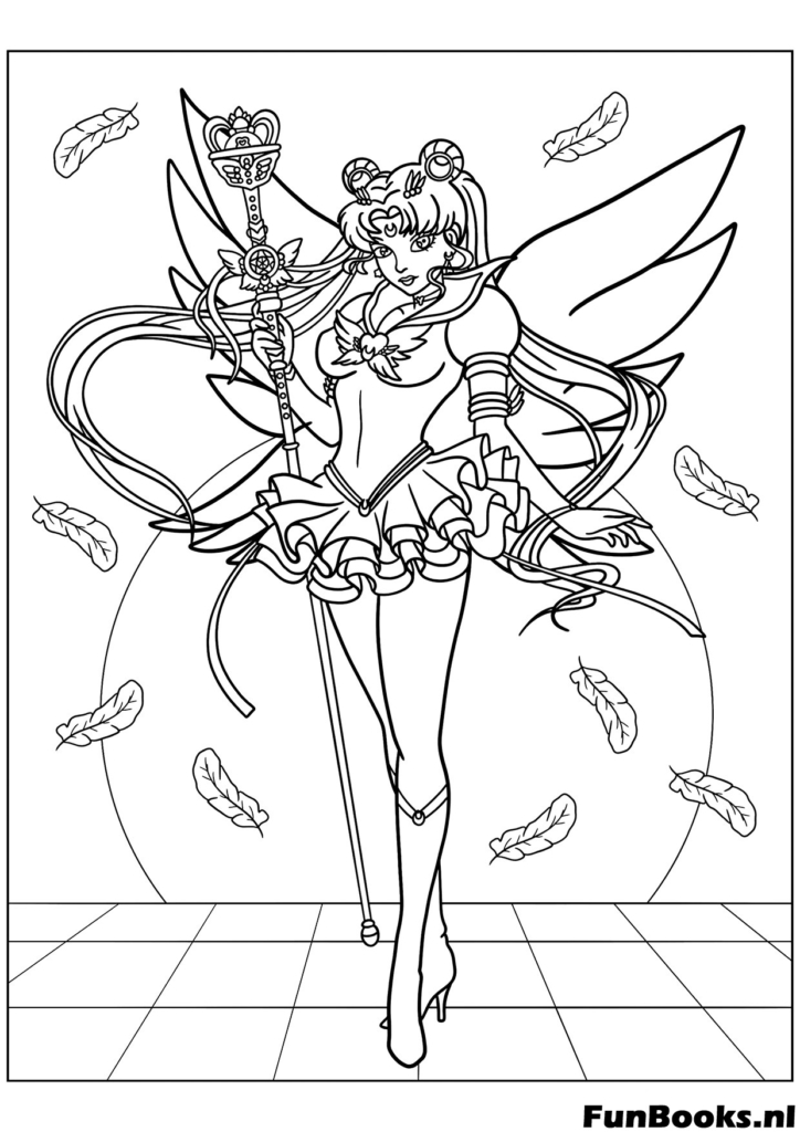 Eternal Sailor Moon läuft vorwärts mit Stab und Flügeln detaillierter Manga Stil Ausmalbild