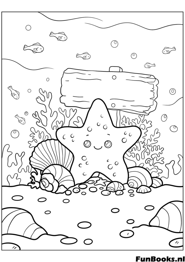 Mignonne étoile de mer souriante sur la plage de sable avec des coquillages nature d'été coloriage