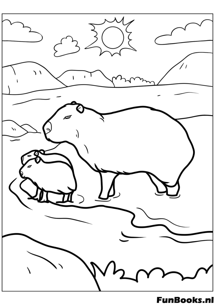 Familia de capibaras caminando en la naturaleza dibujo para colorear