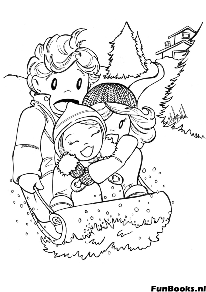 Familia con perro montando un gran trineo tobogán colina abajo emocionante escena de invierno dibujo para colorear