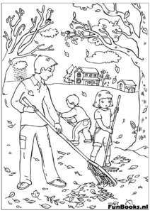 Vater und Kinder harken gefallenes Laub im Garten Herbstarbeit Ausmalbild