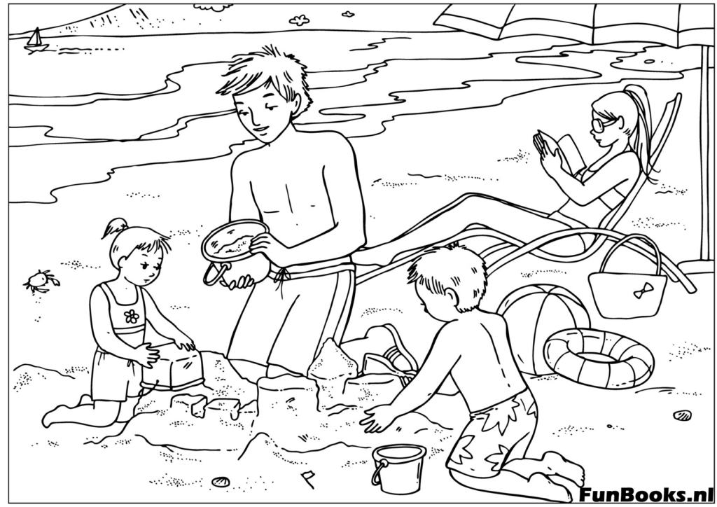 Familie macht ein Picknick und spielt am belebten Strand Sommerurlaub Ausmalbild