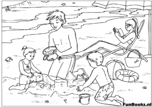 Famille faisant un pique-nique et jouant sur la plage bondée vacances d'été coloriage