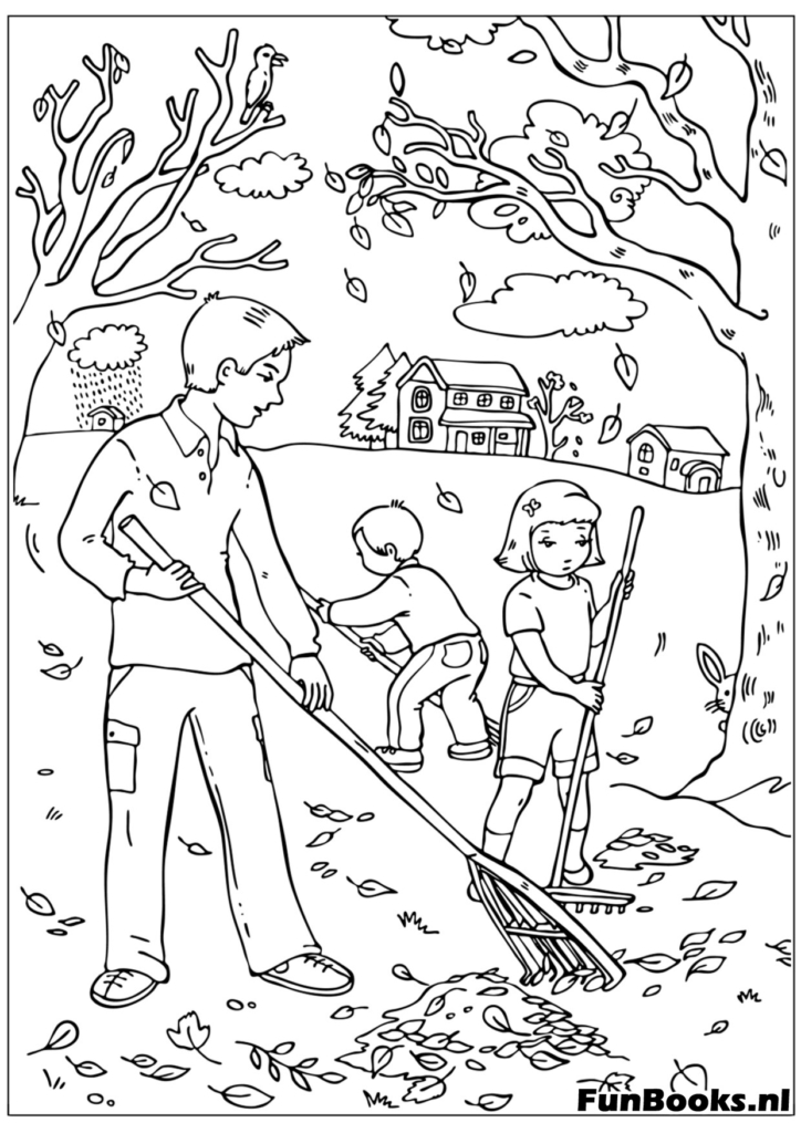 Père et enfants ratissant les feuilles tombées dans le jardin corvées d'automne coloriage