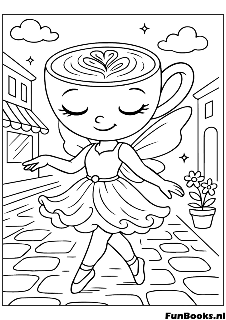 Stylish Cappuccino character walking down the street with a purse city scene coloring page