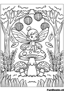 Fée magique assise sur un champignon dans une forêt d'automne fantaisie coloriage
