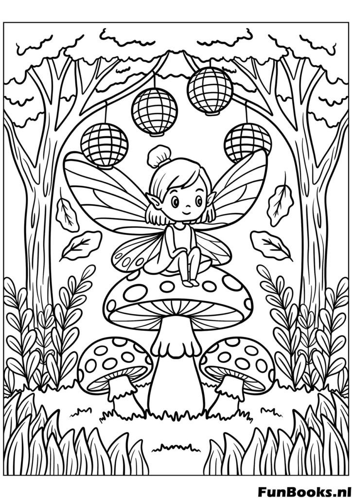Fée magique assise sur un champignon dans une forêt d'automne fantaisie coloriage