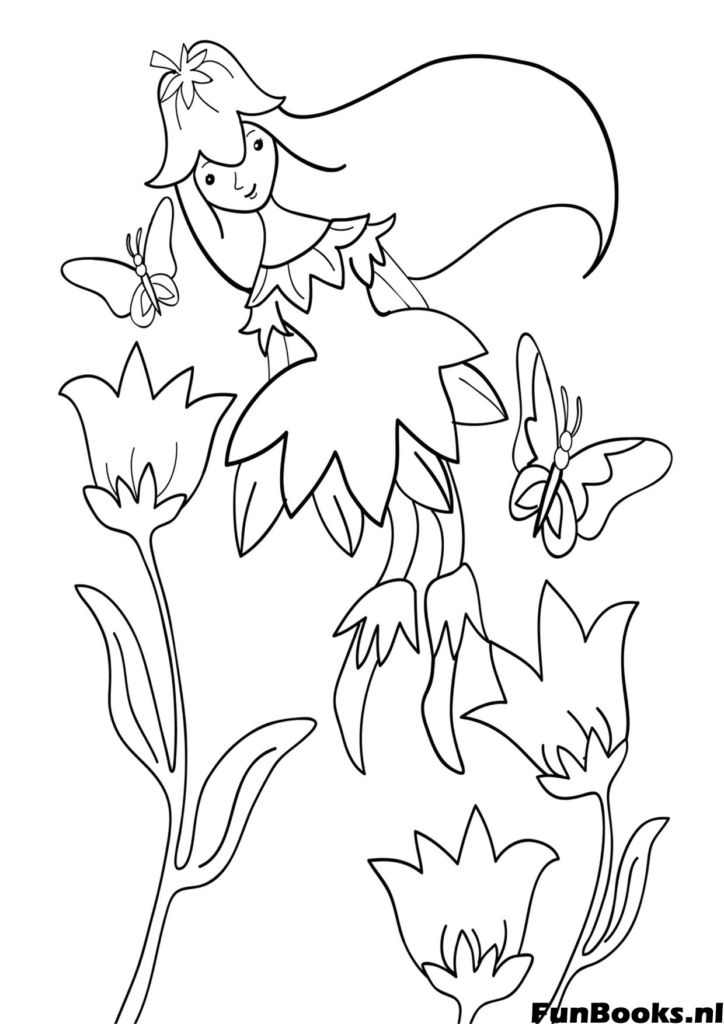 Fée magique assise sur de grandes fleurs de printemps fantaisie coloriage