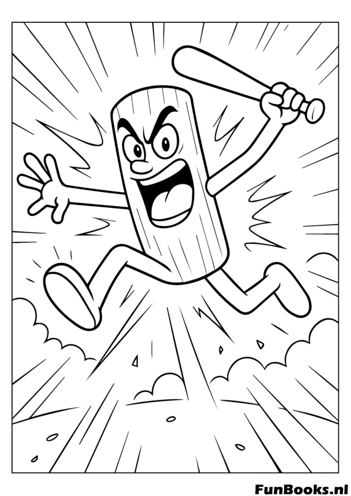 Emocionado personaje Tung Tung Sahur saltando de alegría sosteniendo un palo de madera dibujo para colorear