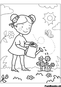 Petite fille arrosant des plantes dans le jardin avec un arrosoir jardinage de printemps coloriage