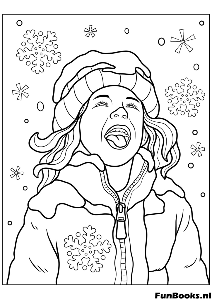 Fille heureuse regardant vers le haut et attrapant des flocons de neige tombant sur sa langue joie d'hiver coloriage