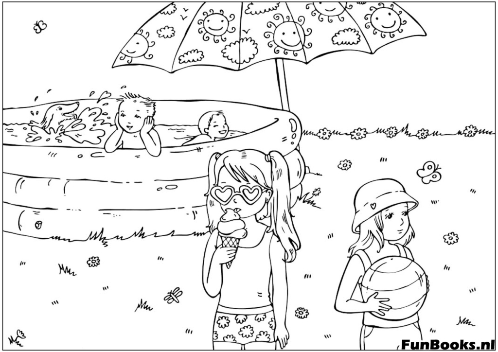 Fille debout sur un plongeoir prête à sauter dans la piscine coloriage