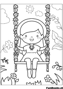 Mignonne fille se balançant sur une balançoire d'arbre décorée de vignes et fleurs activité de printemps coloriage