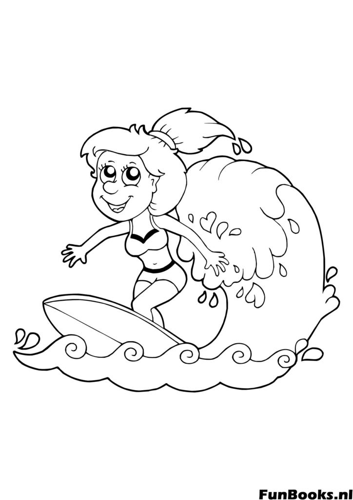 Fille active surfant sur une grande vague de l'océan sports d'été coloriage