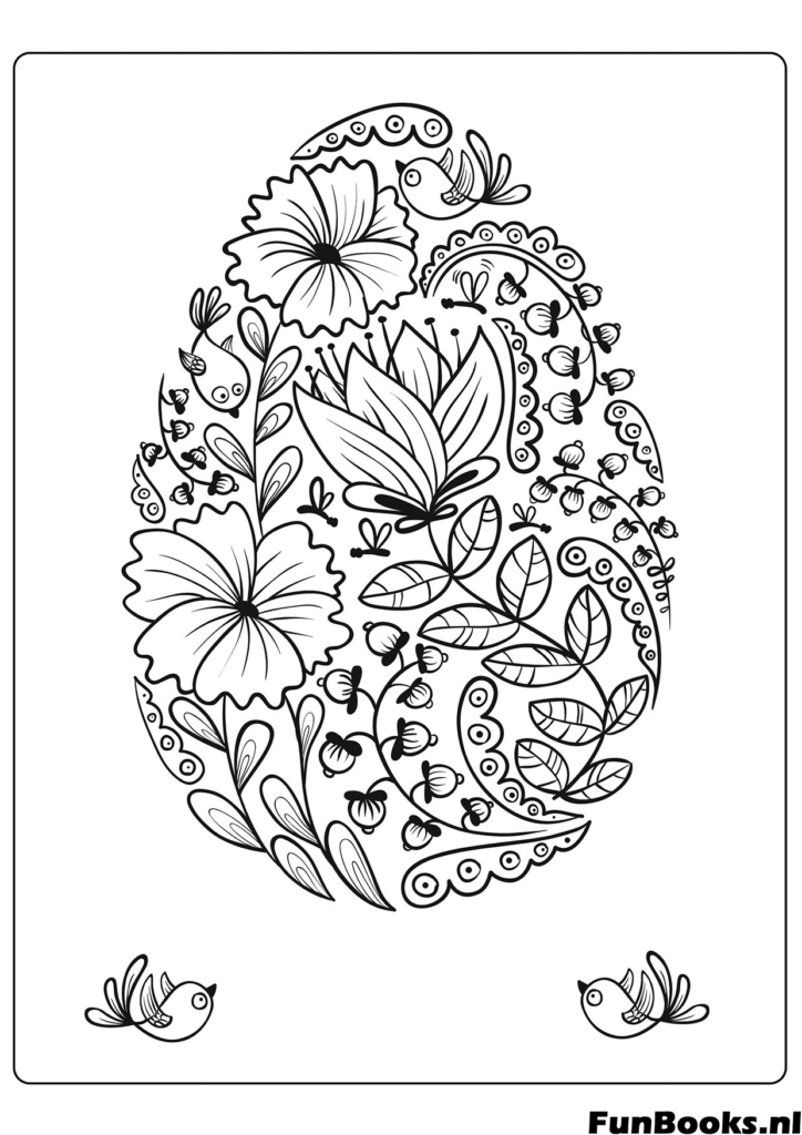Egg shape filled with detailed flowers and leaves Easter spring coloring page