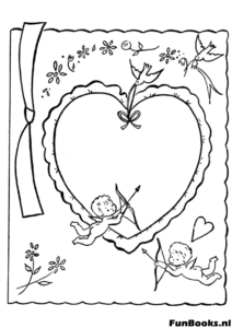 Beautiful heart wreath made of flowers with a ribbon bow greeting card coloring page for Mother's Day