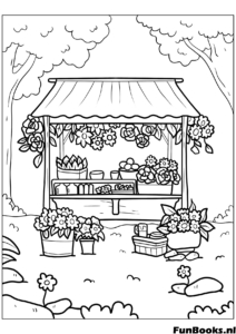 Puesto de mercado de flores al aire libre lleno de macetas y ramos escena de primavera dibujo para colorear