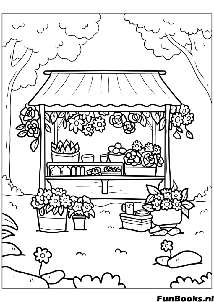 Outdoor flower market stall filled with pots and bouquets spring scene coloring page
