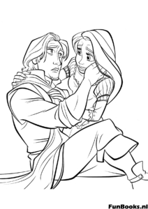 Flynn Rider knuffelt Rapunzel stevig nadat ze herenigd zijn en toont ware liefde en bescherming kleurplaat