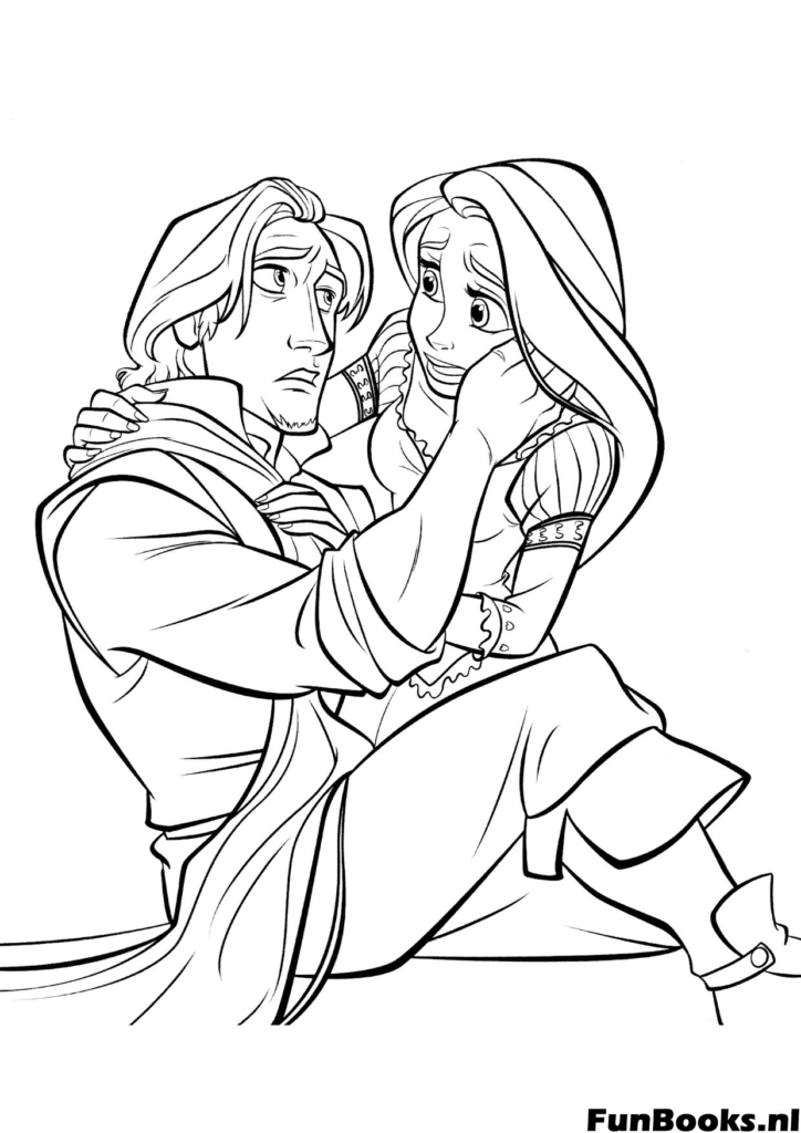 Flynn Rider knuffelt Rapunzel stevig nadat ze herenigd zijn en toont ware liefde en bescherming kleurplaat