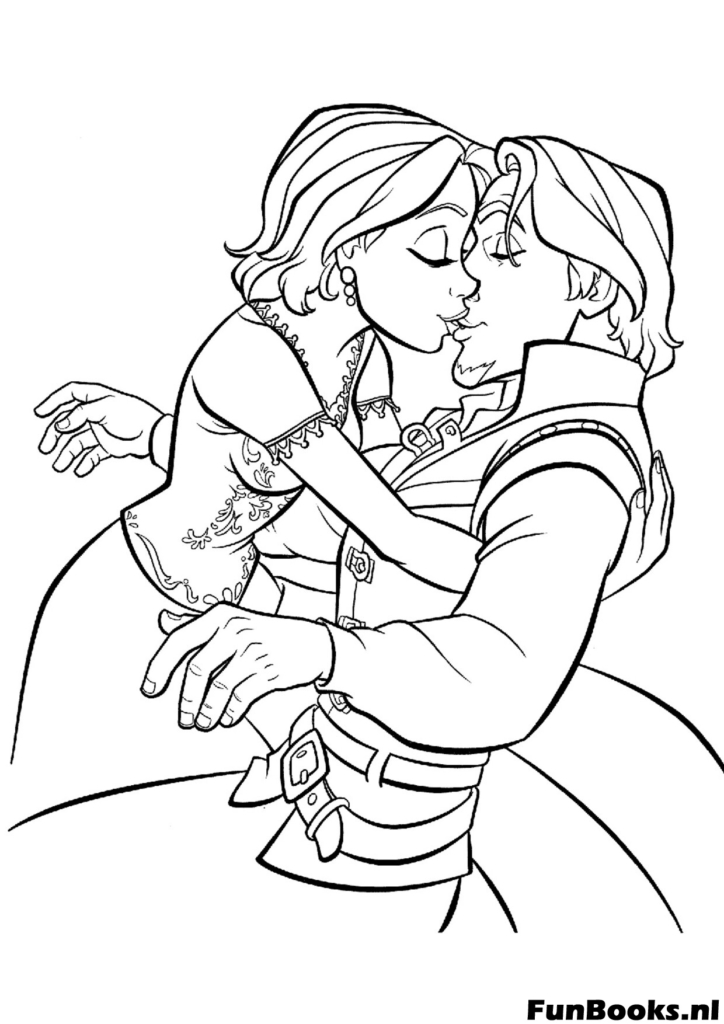 Romantische huwelijksscène van Flynn Rider die Rapunzel kust gelukkig einde liefdesverhaal kleurplaat