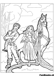 Flynn Rider Rapunzel and Maximus standing together in the forest ready for an adventure journey coloring page