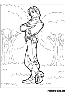 Flynn Rider debout avec confiance les bras croisés faisant son célèbre regard ténébreux coloriage de personnage