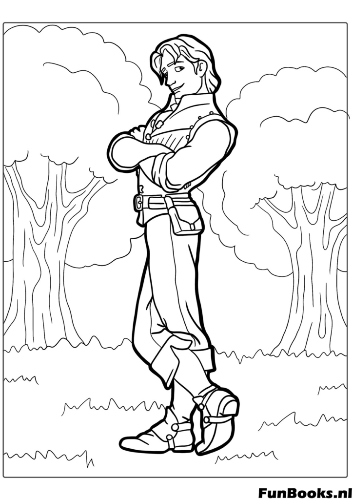 Flynn Rider de pie con confianza con los brazos cruzados haciendo su famosa mirada seductora dibujo para colorear de personaje