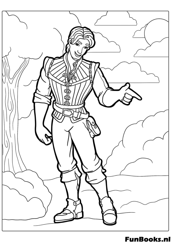 Flynn Rider Eugene Fitzherbert staat en wijst naar een gezocht poster of richting avontuur kleurplaat