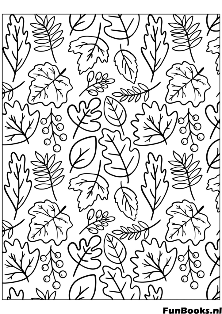 Page entière de motif de différents types de feuilles coloriage détaillé pour adultes