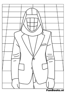 Le mystérieux Front Man portant son masque géométrique noir et son manteau à capuche debout avec confiance Squid Game coloriage