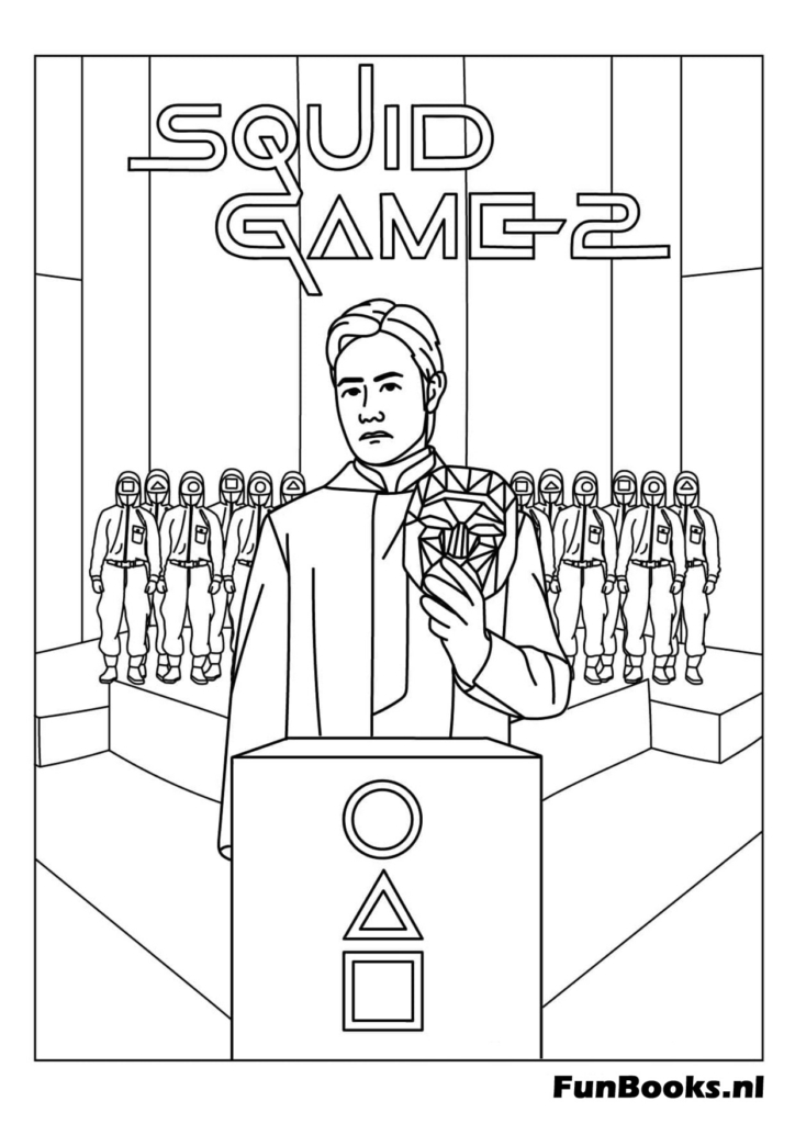 Le Front Man debout derrière un podium s'adressant aux joueurs ou gardes dans le hall principal Squid Game coloriage