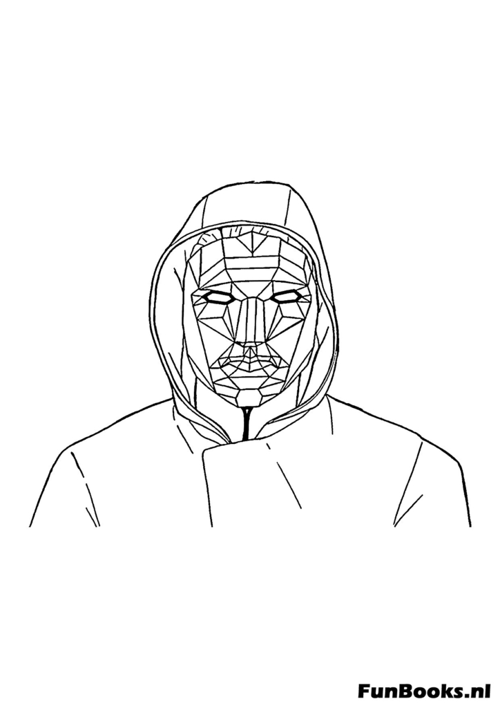 Close up of the Front Man's geometric mask showing the angular details of the villain Squid Game coloring pages