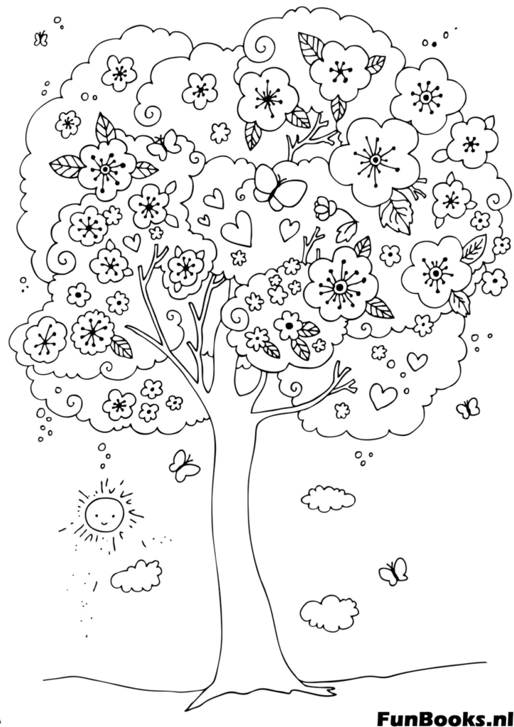 Großer Baum in voller Frühlingsblüte mit fallenden Blütenblättern Natur Ausmalbild