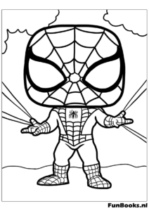 Big headed Funko Pop style Spider-Man shooting webs coloring page