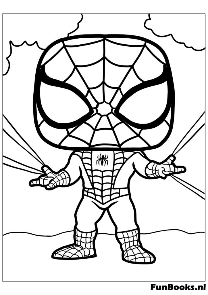 Groothoofdige Funko Pop stijl Spider-Man die webben schiet kleurplaat