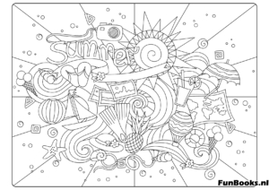 Arte abstracto de garabatos con temas de verano olas y sol creativo dibujo para colorear