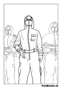 Un soldat garde rose tenant une mitraillette debout prêt à faire respecter les règles du jeu Squid Game coloriage