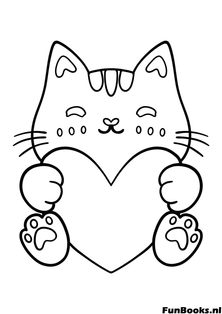 Contorno simple de un gato sosteniendo un corazón dibujo para colorear fácil para niños pequeños