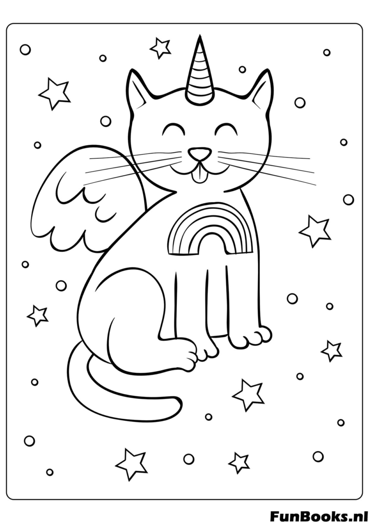 Gato unicornio alado de fantasía sentado con alas de ángel caticorn dibujo para colorear