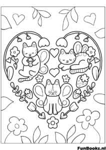 Familia de lindos gatos dentro de una corona floral en forma de corazón dibujo para colorear detallado para relajación