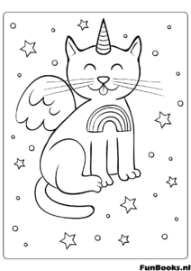 Fantasie geflügelte Katze Einhorn sitzt mit Engelsflügeln Caticorn Ausmalbild