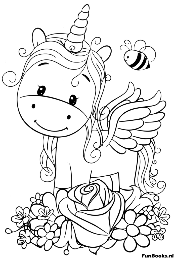 Schönes geflügeltes Einhorn schaut zurück mit Rosenblüten Detail Ausmalbild