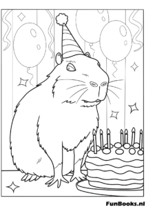 Capybara met feesthoed en verjaardagstaart kleurplaat
