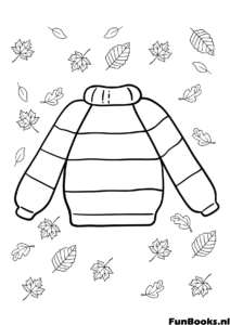 Warmer Strickpullover umgeben von fallenden Blättern Herbstmode Ausmalbild