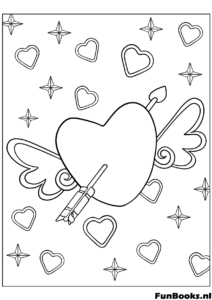 Hart met engelenvleugels doorboord door een pijl tattoo stijl kleurplaat voor oudere kinderen en kunstprojecten