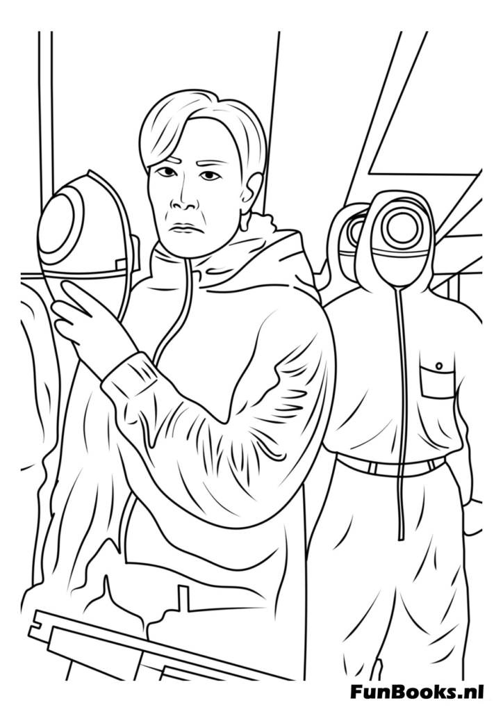 Player 456 Seong Gi-hun looking worried while holding the round tin with the honeycomb candy Squid Game coloring pages
