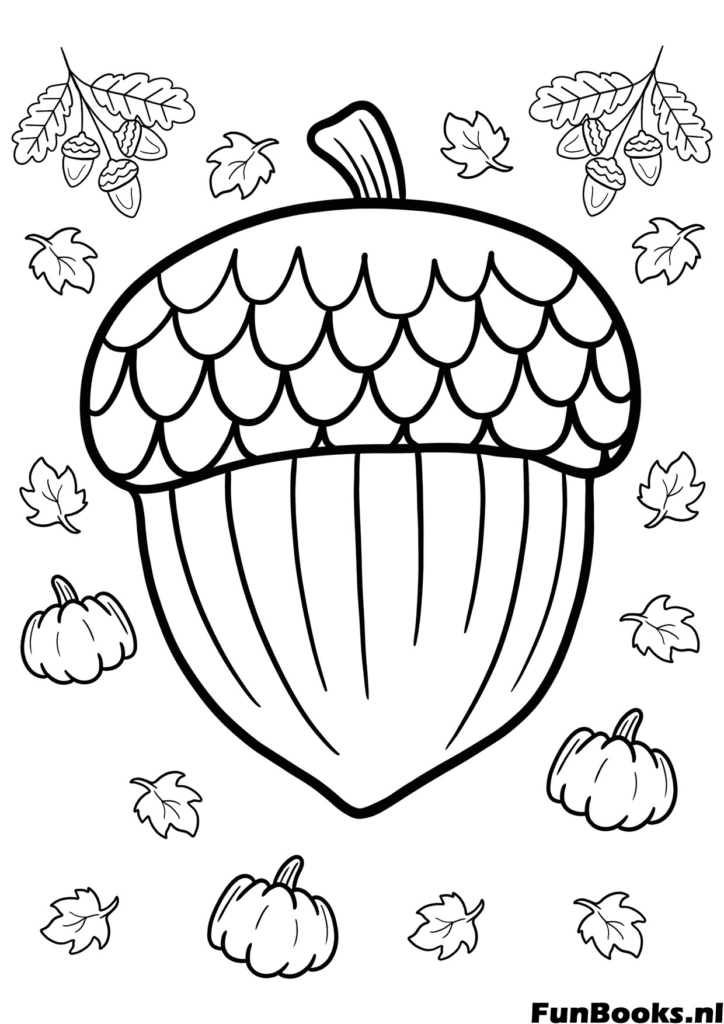 Large acorn surrounded by falling leaves simple coloring page for kids